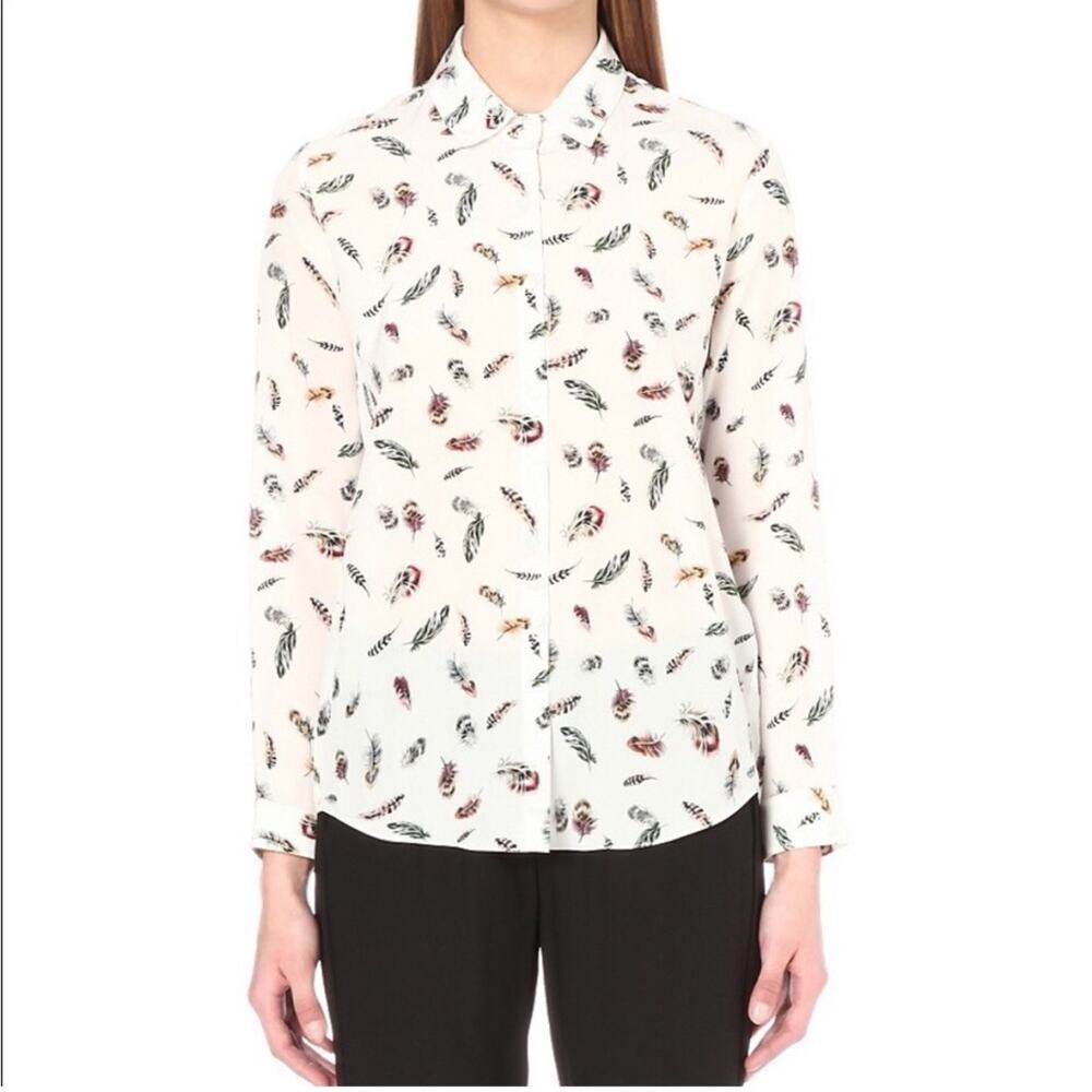 The Kooples 100% Silk Cream Multicolor Boho Feather Print Button Down Top Sz S